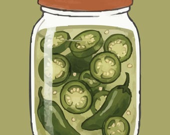 Lámina artística de un frasco con jalapeños encurtidos (descarga digital)