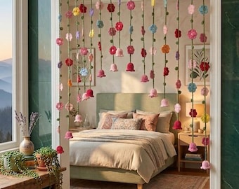 Häkelanleitung für einen Blumenranken-Vorhang, Boho-Blumen-Raumteiler (PDF), Cottagecore-Fensterdeko (digitaler Download), Amigurumi-Girlande (PDF)