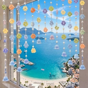 Crochet Flower Curtain Pattern PDF, Digital Download Boho Window Hanging with Pearls, Amigurumi Floral Garland Room Divider Tutorial