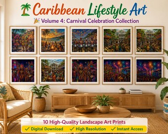 Paquete de láminas decorativas del Carnaval Caribeño / Láminas de paisajes de festivales tropicales / Decoración para celebraciones isleñas / Láminas decorativas para pared imprimibles