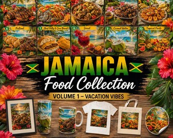 Colección de comida jamaicana Vol. 1 Ambiente vacacional / Paquete de 10 imágenes PNG de comida caribeña / Diseños para vasos / Imágenes PNG para sublimación / Diseños de pósteres