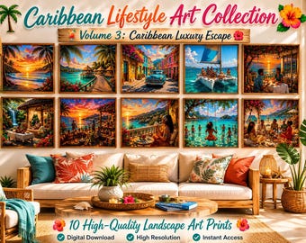 Paquete de láminas de lujo para pared del Caribe / Láminas de paisajes de resorts tropicales / Decoración para vacaciones en la playa / Obras de arte costeras imprimibles / Descarga digital