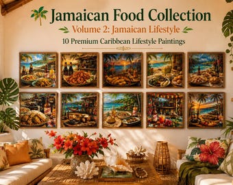 Colección de comida jamaicana Vol. 2 / 10 pinturas de estilo de vida caribeño / Paquete de arte mural tropical / Decoración de cocina imprimible / Descarga digital