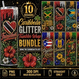 Può includere: Un pacchetto di 10 involucri per bicchieri glitterati con disegni di bandiere caraibiche. Gli involucri includono le bandiere di Giamaica, Trinidad, Bahamas, Haiti, Repubblica Dominicana, Porto Rico e Barbados. Testo: "Caribbean Glitter Tumbler Wrap Bundle".