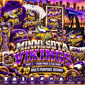 Könnte beinhalten: Eine Kollektion von Minnesota Vikings Fanartikeln in Lila und Gold, bestehend aus einem Kapuzenpullover, T-Shirt, Poster, Tragetasche, Becher, Tasse, Baseballkappe und Handyhülle, die alle das Teamlogo und den Schriftzug SKOL zeigen.