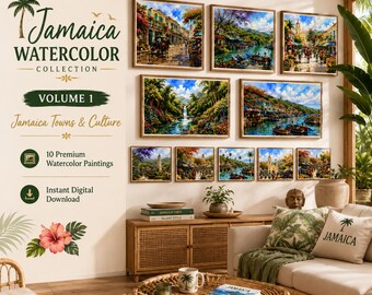 Colección de acuarelas de Jamaica Volumen 1 / 10 láminas de arte de pueblos caribeños / Arte mural imprimible / Descarga digital