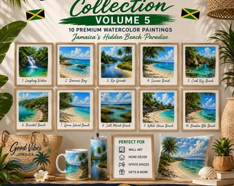 Colección de acuarelas de playas de Jamaica Vol. 5 / 10 pinturas de playas escondidas / Arte mural de la costa caribeña / Descarga digital instantánea