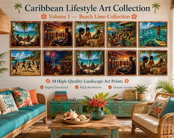 Paquete de láminas decorativas de playa caribeña / 10 láminas digitales de paisajes tropicales / Decoración de paraíso isleño / Obras de arte costeras / Láminas decorativas para pared