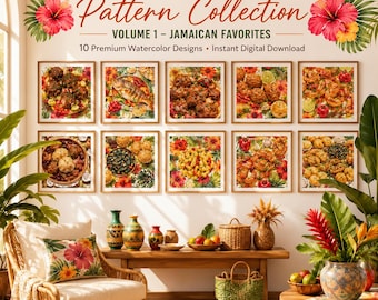 Colección de estampados de comida caribeña Volumen 1 / 10 láminas de comida tropical en acuarela / Favoritos jamaicanos (descarga digital)