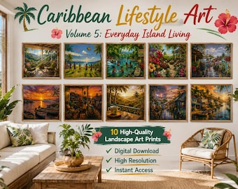 Paquete de láminas decorativas con motivos caribeños / Láminas de paisajes de pueblos tropicales e islas / Decoración costera para el hogar / Colección de arte digital imprimible