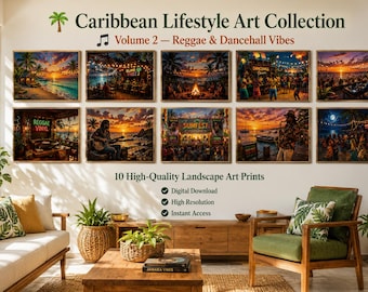 Paquete de láminas decorativas de música reggae y caribeña / Láminas de paisajes de festivales tropicales / Decoración de cultura isleña / Descarga digital / Conjunto de arte imprimible