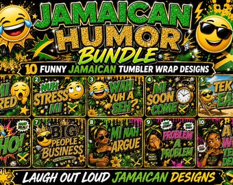 Paquete de humor jamaicano PNG / 10 diseños divertidos de frases jamaicanas para vasos / Paquete de sublimación de citas caribeñas / Vaso delgado de 20 oz PNG