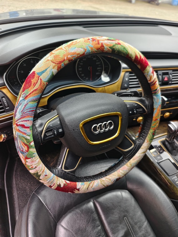 Boho Floral Steering Wheel Cover, Woven Jacquard Car Decor, Vintage Car Accessories for Women, Retro New Car Gift, Steering Wheel Wrap