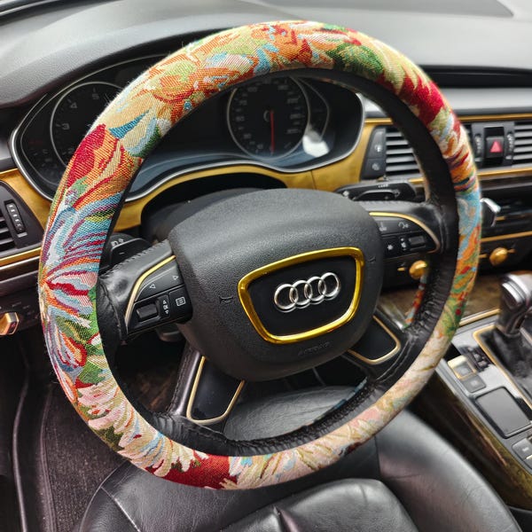 Boho Floral Steering Wheel Cover, Woven Jacquard Car Decor, Vintage Car Accessories for Women, Retro New Car Gift, Steering Wheel Wrap