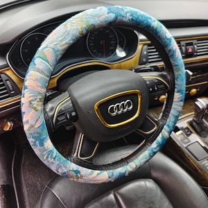 Blue Floral Steering Wheel Cover, Jacquard Weave Car Decor Luxury, Cute Car Accessories for Teens, New Car Gift, Steering Wheel Protector