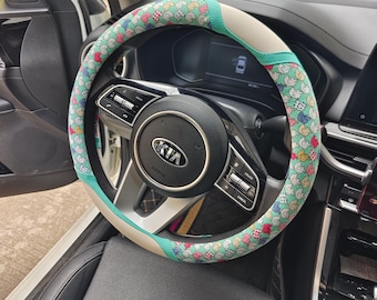 Aesthetic Pastel Steering Wheel Cover, Cotton Linen All Weather Wheel Sleeve, Cute Animal Car Decor, Floral Mint Car Accessories For Women