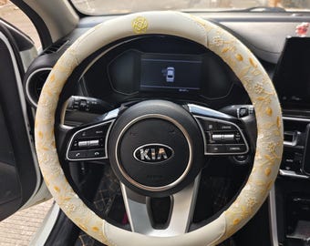 Embroidered Floral Steering Wheel Cover Cottagecore Cream Car Decor Cute Flower Vine Cotton Linen Wheel Protector Gift for Her New Driver