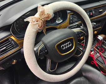 Cute Butterfly Steering Wheel Cover Beige Cotton Linen Car Accessories for Her Universal All Season Car Decor Coquette Aesthetic Gift