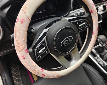 Pink Floral Steering Wheel Cover Cute Embroidery Flower Car Decor Lace Aesthetic Car Accessories for Women Cottagecore New Car Gift