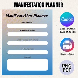 May include: A manifestation planner with a gradient blue and gold background. The planner includes sections for intentions, prayers, limiting beliefs, affirmations, and an action plan. The Canva logo and "Edit in Canva Easy and Free" text are visible.