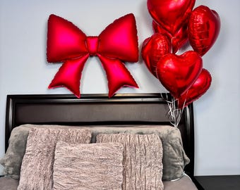 Red Heart Balloons with Giant Red Bow | Romantic Bedroom Decor | Valentine’s Day | Proposal | Anniversary Balloon Set