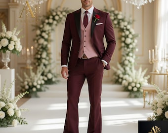 Burgundy Tuxedo Pink Vest 3-Piece Suit Groom Trauanzug Herren Weinrot Costume Homme Bordeaux Rose Two Tone Vintage Flared Wedding Menswear
