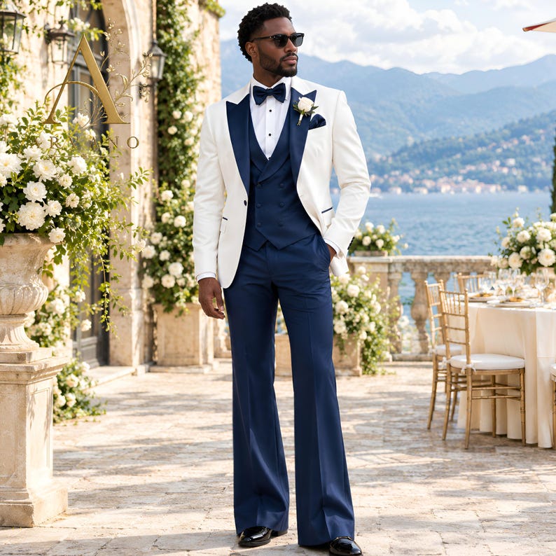 White Navy Blue 3 Piece Tuxedo 70s Flared Pants Vintage Groom Wedding