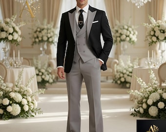 Schwarzer Smoking Graues Revers 3-Teilig Anzug Bräutigam Trauanzug Herren Schwarz Kostüm Homme Noir Gris Zwei Tone Vintage Schlaghose Hochzeit Herrenmode