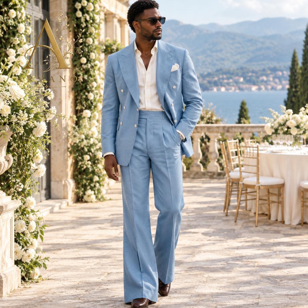 Light Blue Linen Suit 70s Flared Pants Double Breasted Vintage Groom Light Blue Linen Suit 70s Flared Pants Double Breasted Vintage Groom