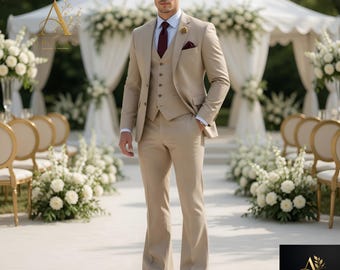 Beige 3-delig pak geelbruine bruidegom Trauanzug Herren Beige kostuum Homme Beige Sable Vintage uitlopende elegante zomer bruiloft herenkleding outfit