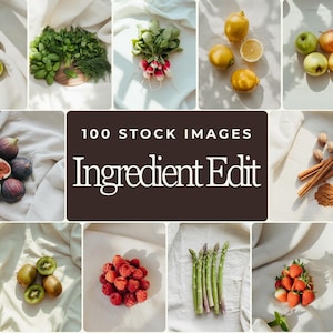 Könnte beinhalten: Eine Sammlung von 100 Stockbildern mit dem Titel Ingredient Edit, die verschiedene Lebensmittel wie Limetten, frische Kräuter, Radieschen, Zitronen, Äpfel, Feigen, Zimtstangen, Nelken, Bohnen, Kiwis, Himbeeren, Spargel, Erdbeeren und Ingwer zeigt.