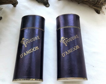 Pair antique French powder boxes blue and gold design, beauty starch powder, vintage boudoir box, dressing table, pharmacy apothecary