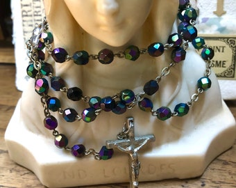 Vintage French aurora borealis crystal bead rosary, religious Christian catholic gift, French chapelet, chaplet, mid Century