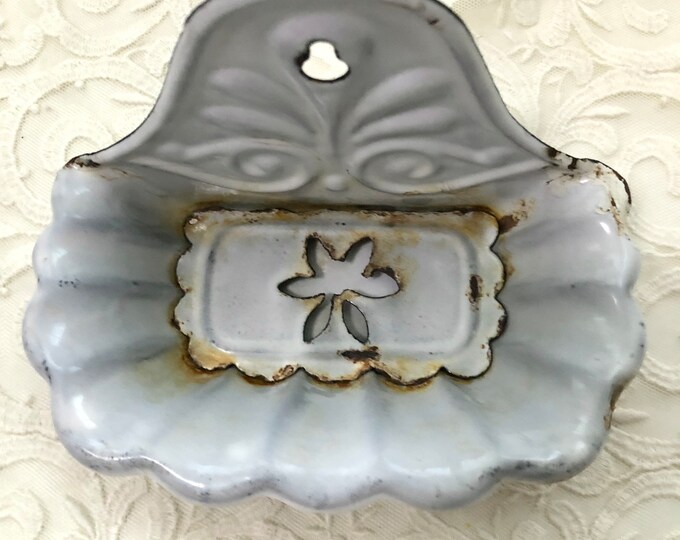 Antique French Enamel Soap Dish With Original Inset, Delightful Floral Scalloped Design, Kitchen