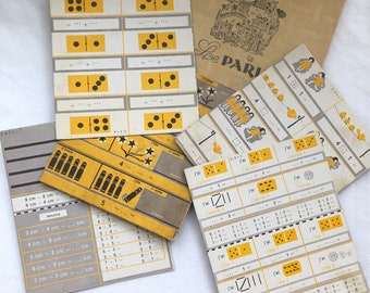 Vintage French school maths exercise cards, yellow and grey, set of 5, school memorabilia, vintage ephemera, French ephemera
