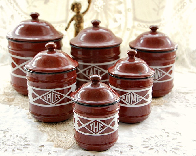 Vintage French, Kitchen Canisters, French Enamelware, Set of 6, Art Deco Era, Enamel Kitchenware