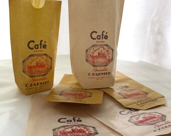 4 vintage French grocery bags, 2 of each size, coffee bean bags, CAFÉ EXTRA bags, Art Deco bags, great graphics and fonts, French ephemera