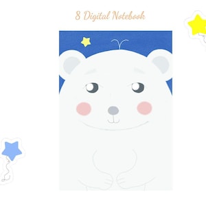 Pode incluir: Uma capa de caderno digital com uma ilustração de um urso branco sobre um fundo azul escuro com uma pequena estrela amarela. O texto 8 Digital Notebook aparece no topo. Dois autocolantes de balão, uma estrela amarela e uma azul, incluídos.