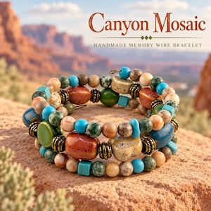 May include: A multi-strand memory wire bracelet featuring a variety of beads in shades of turquoise, terracotta, green, and beige, accented with antique brass-toned metal spacers. The text Canyon Mosaic HANDMADE MEMORY WIRE BRACELET is visible.