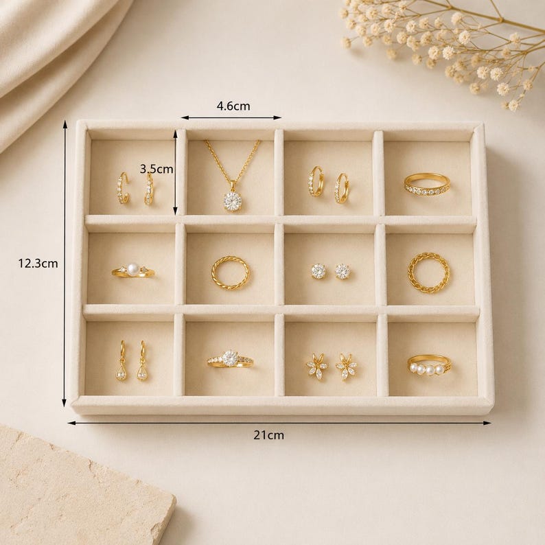 May include: A beige velvet jewelry organizer tray with twelve compartments containing gold-toned rings, earrings, and a necklace. The tray measures 21 cm by 12.3 cm, with individual sections measuring 4.6 cm by 3.5 cm, displaying various jewelry pieces.