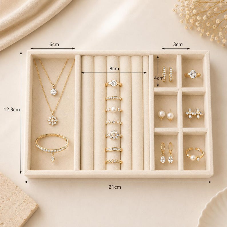 May include: A beige velvet jewelry organizer tray measuring 21 cm by 12.3 cm, featuring compartments for necklaces, a bracelet, seven rings, and six pairs of earrings. The tray includes labeled dimensions of 6 cm, 8 cm, 3 cm, and 4 cm for its sections.
