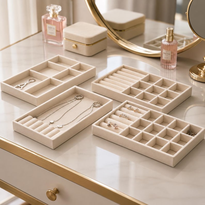 May include: A set of four beige velvet jewelry organizer trays with various compartments, including ring rolls and square grids. The trays are arranged on a surface, featuring open designs for storing necklaces, rings, and earrings in a structured manner.