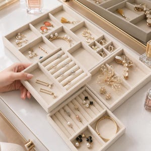 May include: A modular beige velvet jewelry organizer tray set featuring multiple compartments for rings, earrings, bracelets, and necklaces. The trays are filled with various gold-toned jewelry pieces, including pearl-accented earrings, rings, and hair accessories.