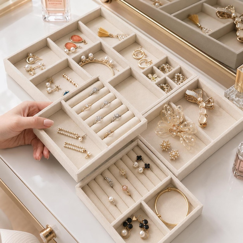 May include: A modular beige velvet jewelry organizer tray set featuring multiple compartments for rings, earrings, bracelets, and necklaces. The trays are filled with various gold-toned jewelry pieces, including pearl-accented earrings, rings, and hair accessories.