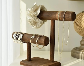 Handcrafted Wooden Jewelry Display Stand, Double-Bar Bracelet Necklace Holder