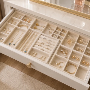 May include: A white jewelry drawer organizer with multiple compartments containing various pieces of jewelry including gold and silver necklaces, earrings, rings, and bracelets. The organizer is lined with a soft beige fabric and features a gold knob.