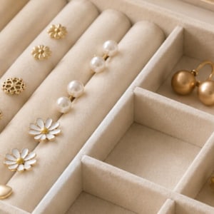 May include: A beige velvet jewelry organizer tray containing various earrings. The collection includes gold-toned flower studs, white pearl studs, white enamel daisy earrings, and a pair of large, smooth gold-toned spherical hoop earrings.