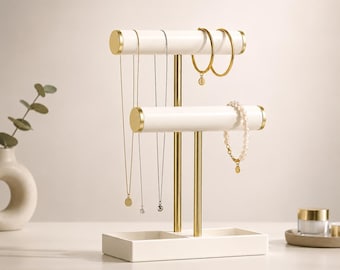 2 Tier Velvet Jewelry Stand, Beige Gold Organizer, Necklace Bracelet Display, Ring Tray