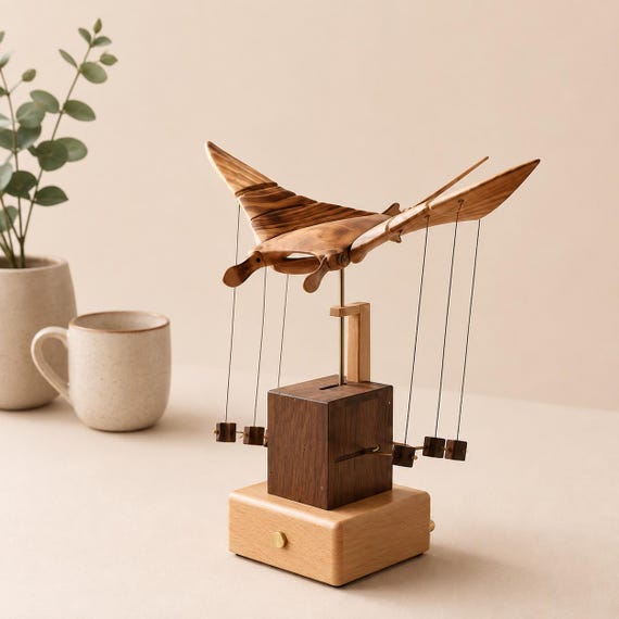 A hand-carved wooden automaton where a devil fish 'flies' through the air via crank-driven kinetic linkages — the kind of thing you stare at for ten minutes straight.