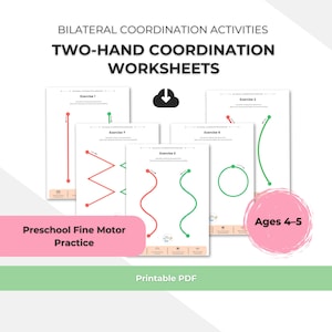 May include: Worksheets for bilateral coordination activities. The worksheets feature exercises with lines and shapes in red and green. The text includes "Preschool Fine Motor Practice" and "Ages 4-5". The product is a printable PDF.